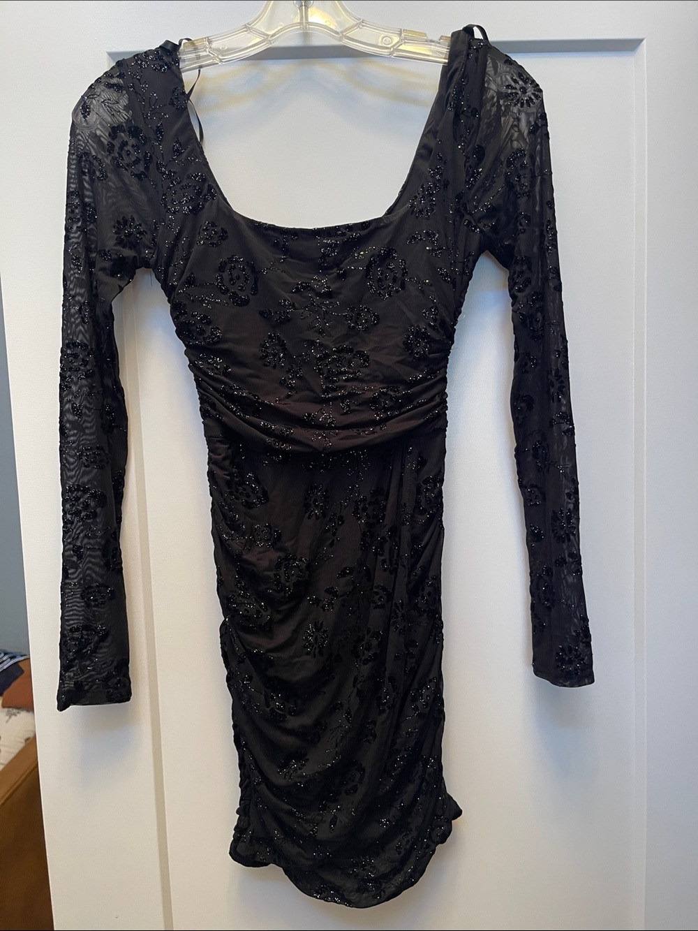 Black Beaded Long-Sleeve Ruched Party Dress for Kids